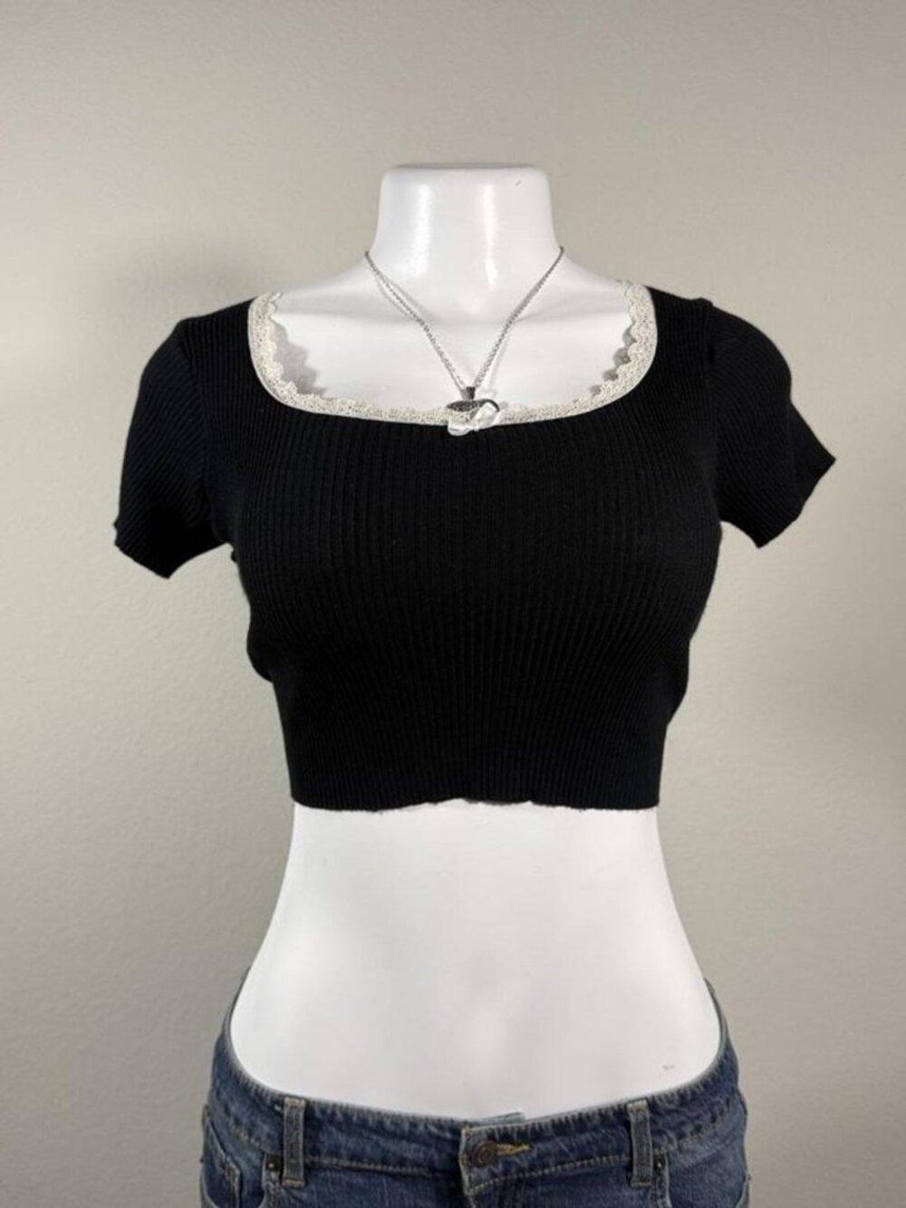 Other t-shirt black ribbed cropped knit top with lace trim and bow